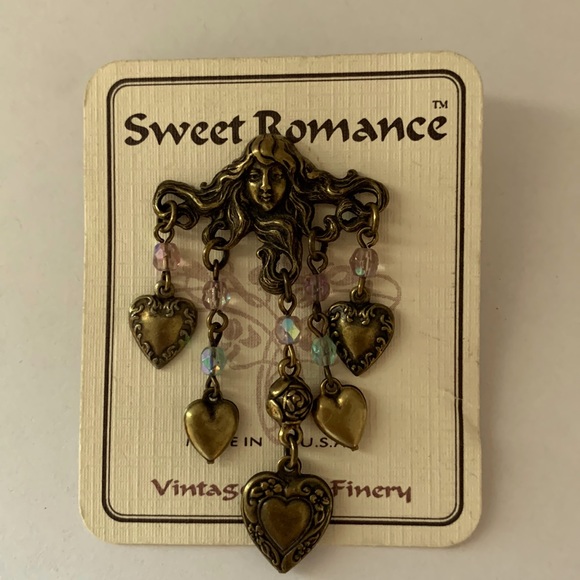 SWEET ROMANCE bronze tone pin,  Celtic lady w/ dangling heart charms. - Picture 3 of 8